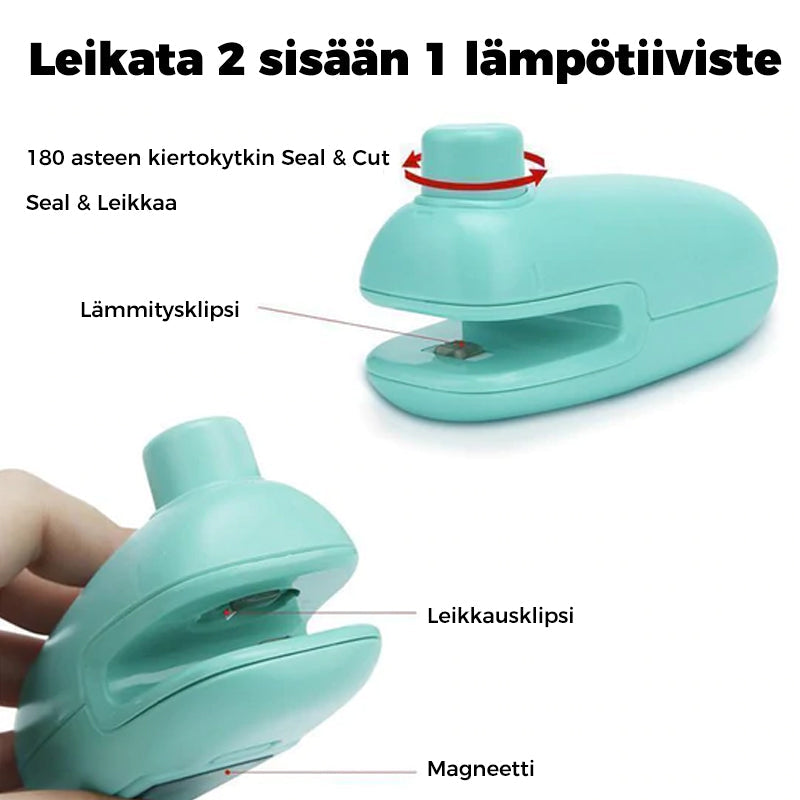 Bærbar hvid mini varmepose-lukker, kompakt størrelse, egnet til madopbevaring, med bundmagnet, køkkentilbehør.
