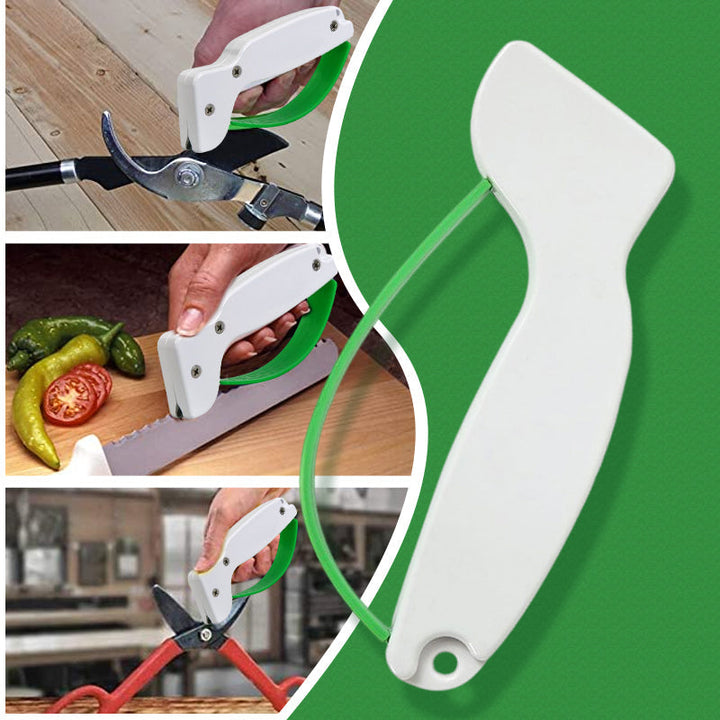 Bærbar hvid knivsliber med ergonomisk design, nem at transportere til udendørs brug, velegnet til knive og sakse.