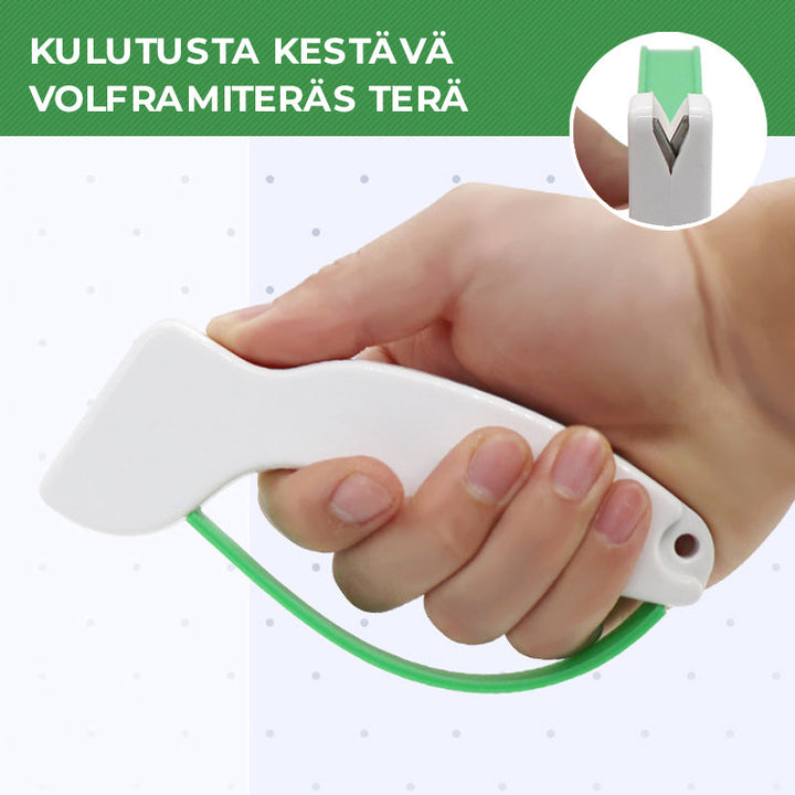 Bærbar hvid knivsliber med ergonomisk design, nem at transportere til udendørs brug, velegnet til knive og sakse.