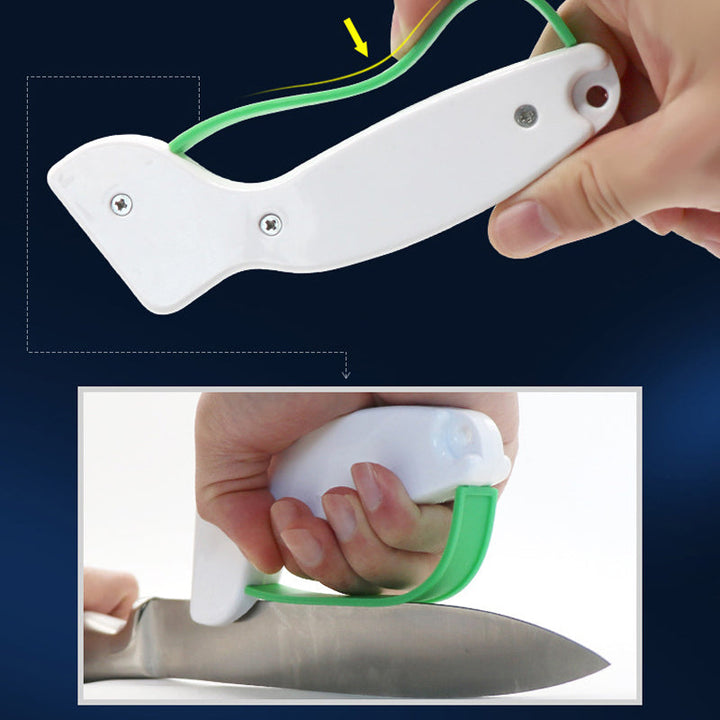 Bærbar hvid knivsliber med ergonomisk design, nem at transportere til udendørs brug, velegnet til knive og sakse.