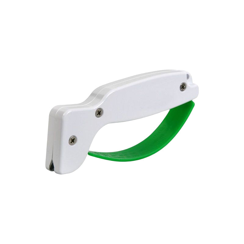 Bærbar hvid knivsliber med ergonomisk design, nem at transportere til udendørs brug, velegnet til knive og sakse.