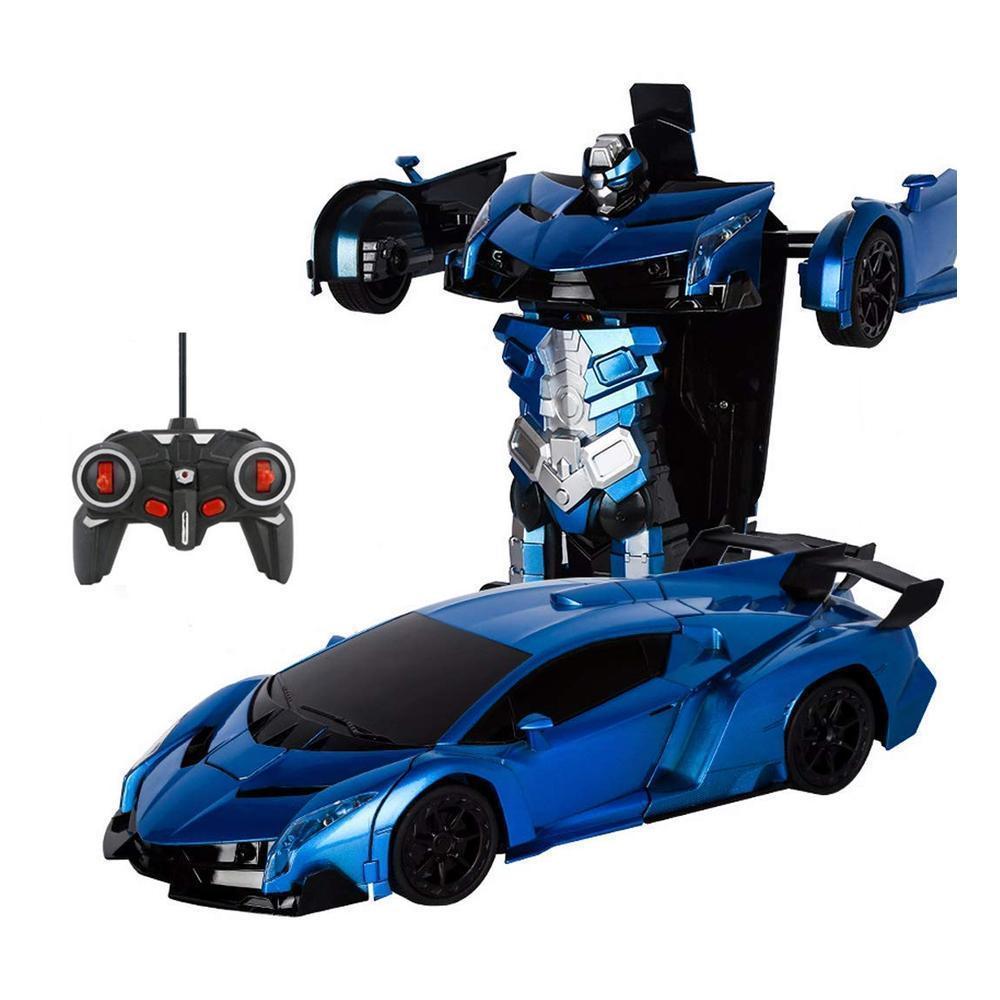 Fjernbetjent transformerende robotbil til børn; sportsvogn og robot kombineret, spændende lys og lyde, medfølgende fjernbetjening.