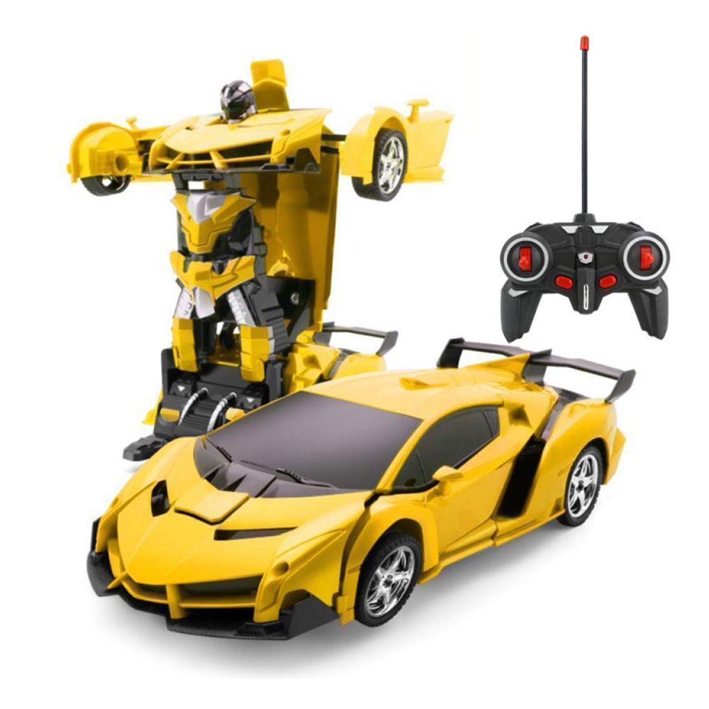 Fjernbetjent transformerende robotbil til børn; sportsvogn og robot kombineret, spændende lys og lyde, medfølgende fjernbetjening.