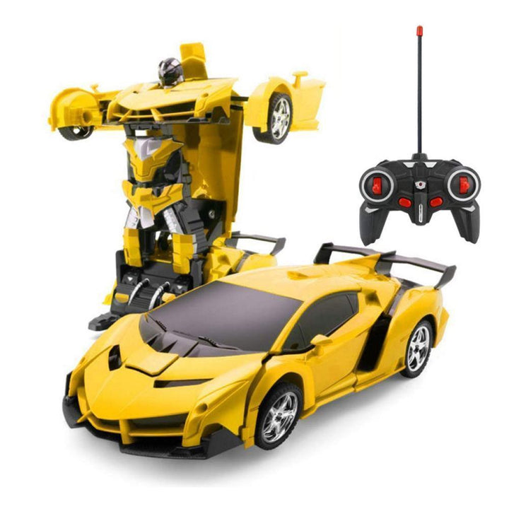 Fjernbetjent transformerende robotbil til børn; sportsvogn og robot kombineret, spændende lys og lyde, medfølgende fjernbetjening.