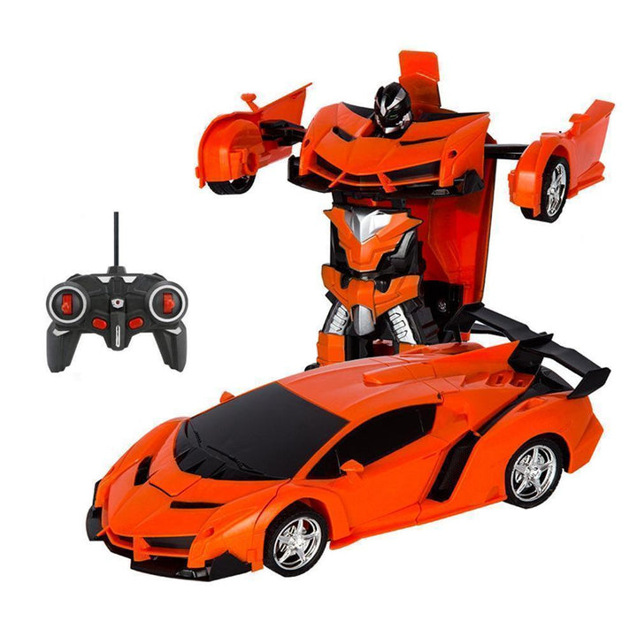 Fjernbetjent transformerende robotbil til børn; sportsvogn og robot kombineret, spændende lys og lyde, medfølgende fjernbetjening.
