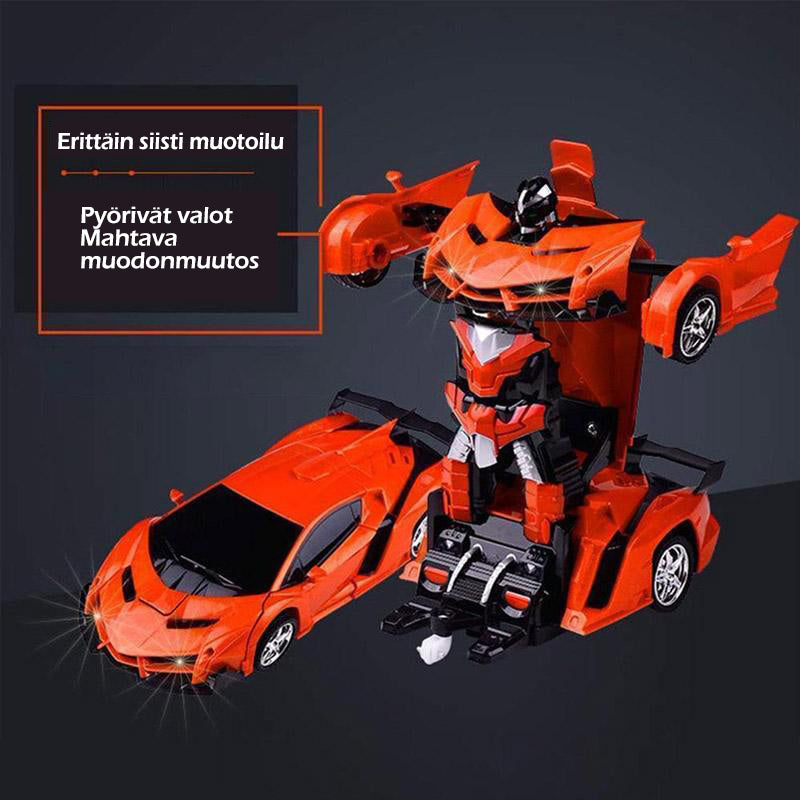 Fjernbetjent transformerende robotbil til børn; sportsvogn og robot kombineret, spændende lys og lyde, medfølgende fjernbetjening.