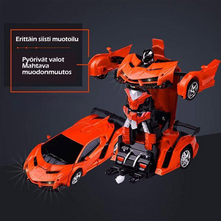 Fjernbetjent transformerende robotbil til børn; sportsvogn og robot kombineret, spændende lys og lyde, medfølgende fjernbetjening.