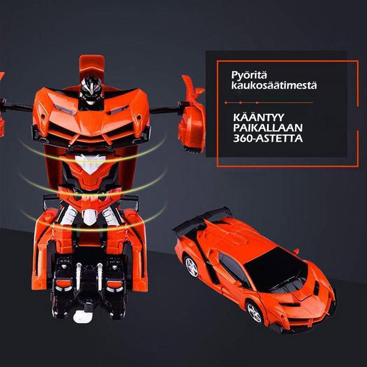 Fjernbetjent transformerende robotbil til børn; sportsvogn og robot kombineret, spændende lys og lyde, medfølgende fjernbetjening.