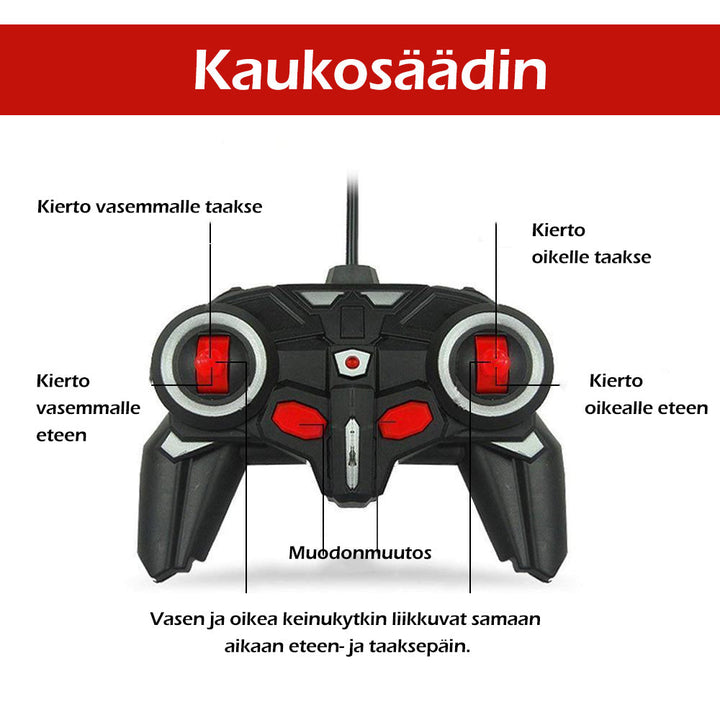 Fjernbetjent transformerende robotbil til børn; sportsvogn og robot kombineret, spændende lys og lyde, medfølgende fjernbetjening.