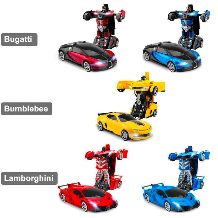 Fjernbetjent transformerende robotbil til børn; sportsvogn og robot kombineret, spændende lys og lyde, medfølgende fjernbetjening.