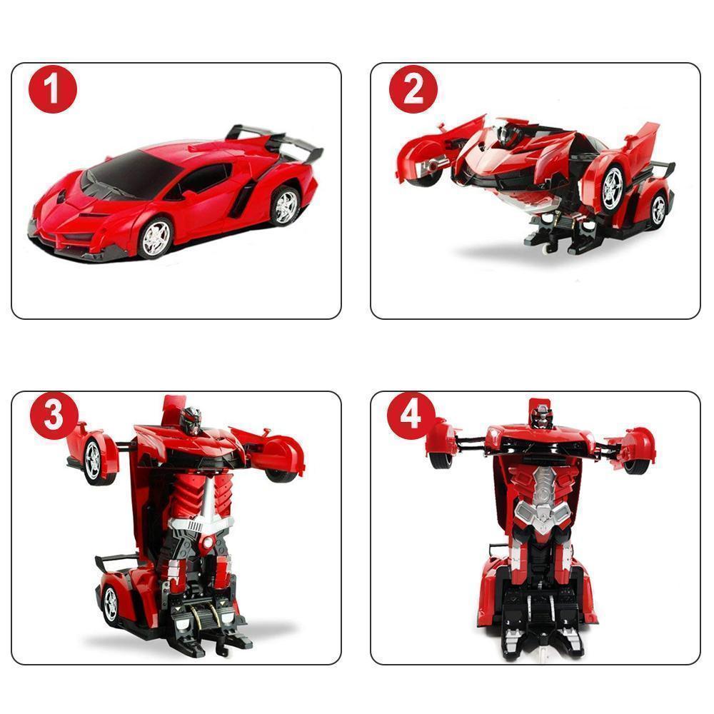 Fjernbetjent transformerende robotbil til børn; sportsvogn og robot kombineret, spændende lys og lyde, medfølgende fjernbetjening.