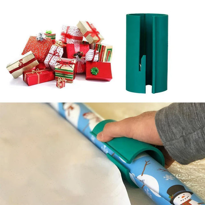 Gul, kompakt gavepapirskærer med ergonomisk design og indlejret klinge; velegnet til gavepapirsruller i forskellige størrelser.