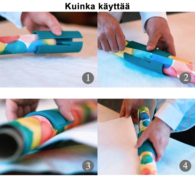 Gul, kompakt gavepapirskærer med ergonomisk design og indlejret klinge; velegnet til gavepapirsruller i forskellige størrelser.