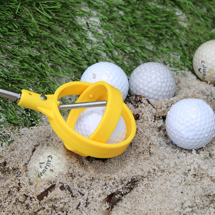 Holdbar gul/hvid golfboldopsamler, teleskopisk stang gør opsamling nem.