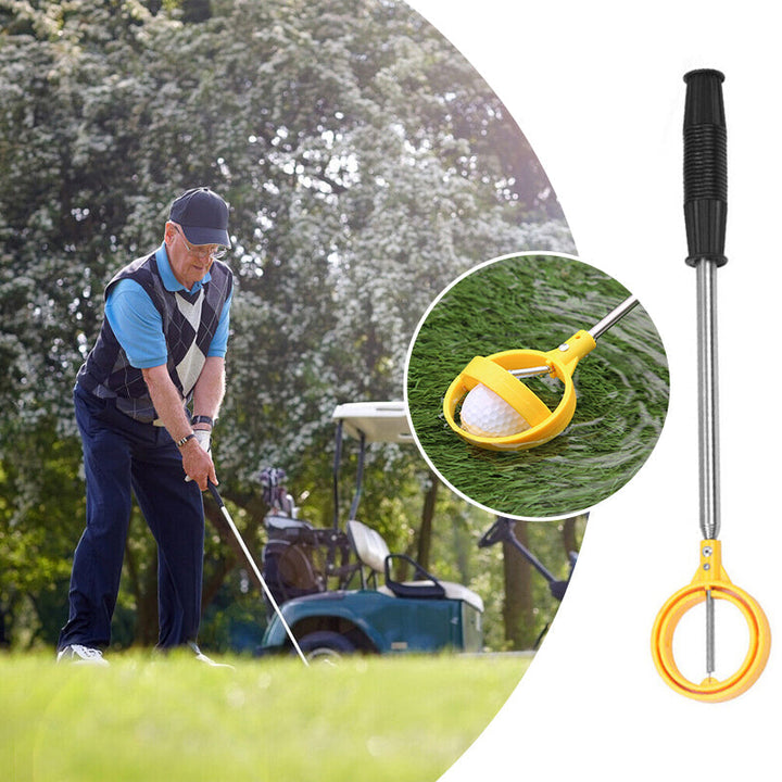Holdbar gul/hvid golfboldopsamler, teleskopisk stang gør opsamling nem.