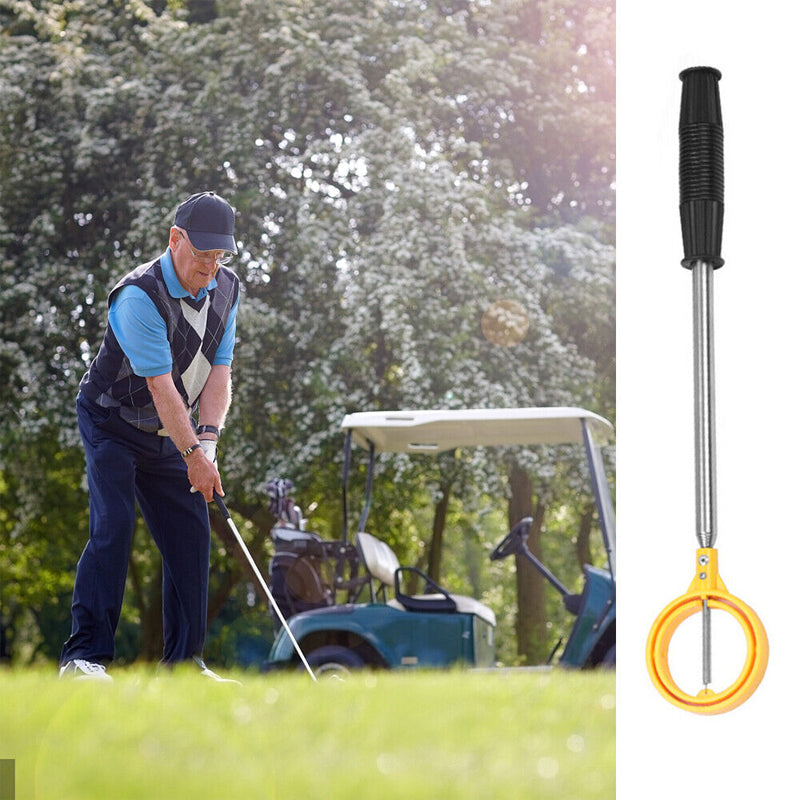 Holdbar gul/hvid golfboldopsamler, teleskopisk stang gør opsamling nem.