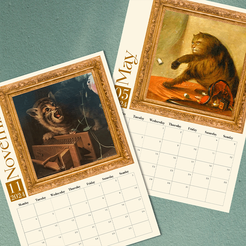Middelalderlig katte kalender 2024, charmerende kattebilleder, middelalderlig kunst, A3 størrelse, vægmontering
