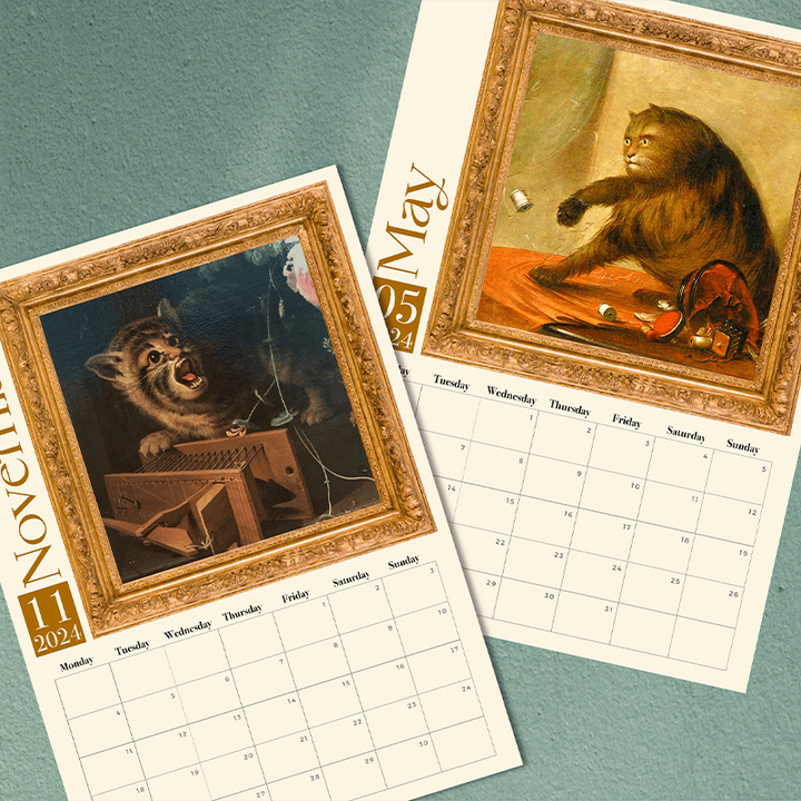 Middelalderlig katte kalender 2024, charmerende kattebilleder, middelalderlig kunst, A3 størrelse, vægmontering