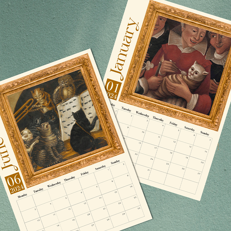 Middelalderlig katte kalender 2024, charmerende kattebilleder, middelalderlig kunst, A3 størrelse, vægmontering