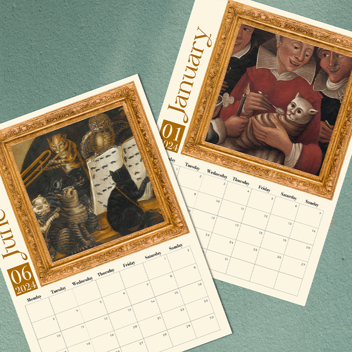Middelalderlig katte kalender 2024, charmerende kattebilleder, middelalderlig kunst, A3 størrelse, vægmontering