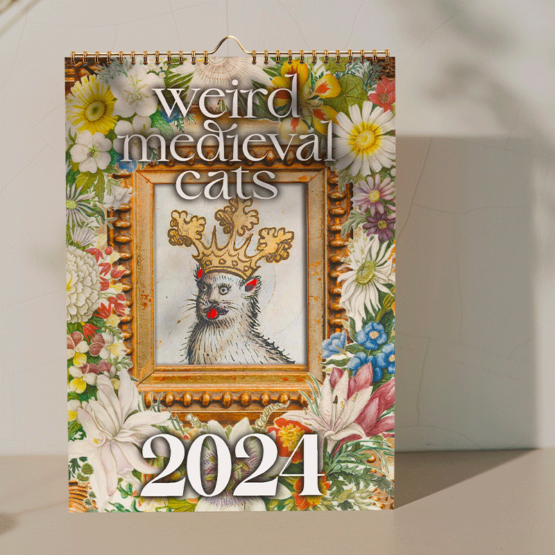 Middelalderlig katte kalender 2024, charmerende kattebilleder, middelalderlig kunst, A3 størrelse, vægmontering