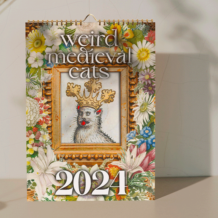 Middelalderlig katte kalender 2024, charmerende kattebilleder, middelalderlig kunst, A3 størrelse, vægmontering