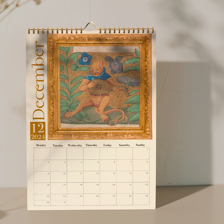 Middelalderlig katte kalender 2024, charmerende kattebilleder, middelalderlig kunst, A3 størrelse, vægmontering