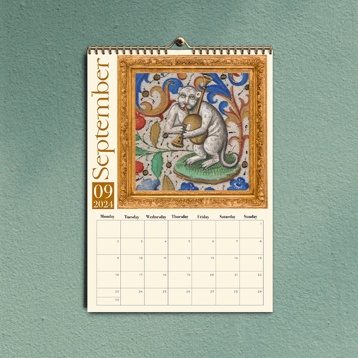 Middelalderlig katte kalender 2024, charmerende kattebilleder, middelalderlig kunst, A3 størrelse, vægmontering