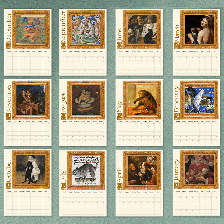 Middelalderlig katte kalender 2024, charmerende kattebilleder, middelalderlig kunst, A3 størrelse, vægmontering