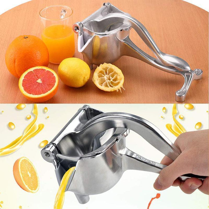 Holdbar citruspresser i aluminium, sølvfarvet, stor skål, skridsikker gummibase, stilfuldt design.