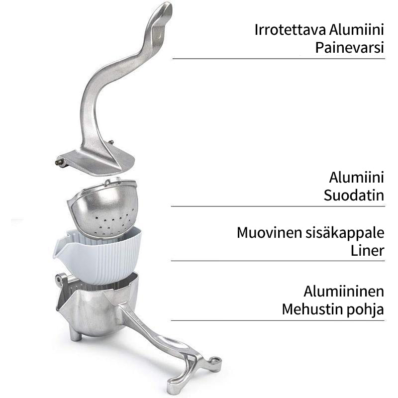 Holdbar citruspresser i aluminium, sølvfarvet, stor skål, skridsikker gummibase, stilfuldt design.