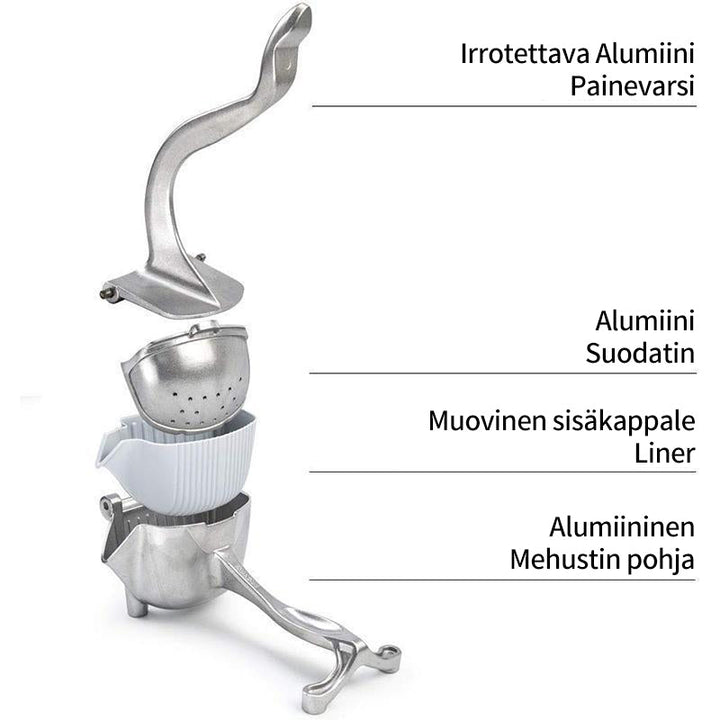 Holdbar citruspresser i aluminium, sølvfarvet, stor skål, skridsikker gummibase, stilfuldt design.
