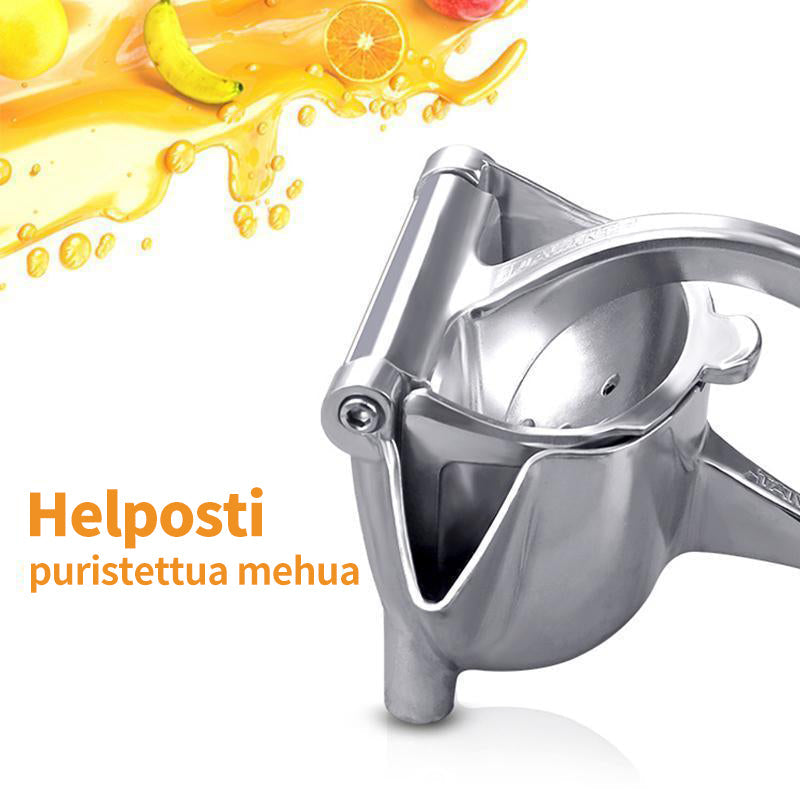 Holdbar citruspresser i aluminium, sølvfarvet, stor skål, skridsikker gummibase, stilfuldt design.