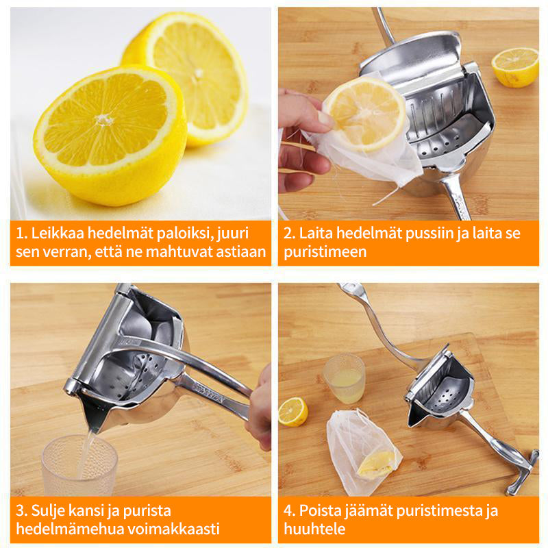 Holdbar citruspresser i aluminium, sølvfarvet, stor skål, skridsikker gummibase, stilfuldt design.