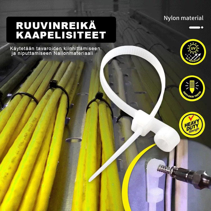 Holdbar selvlåsende nylon kabelbinder med skruehul, i sort, til at organisere kabler på en væg.