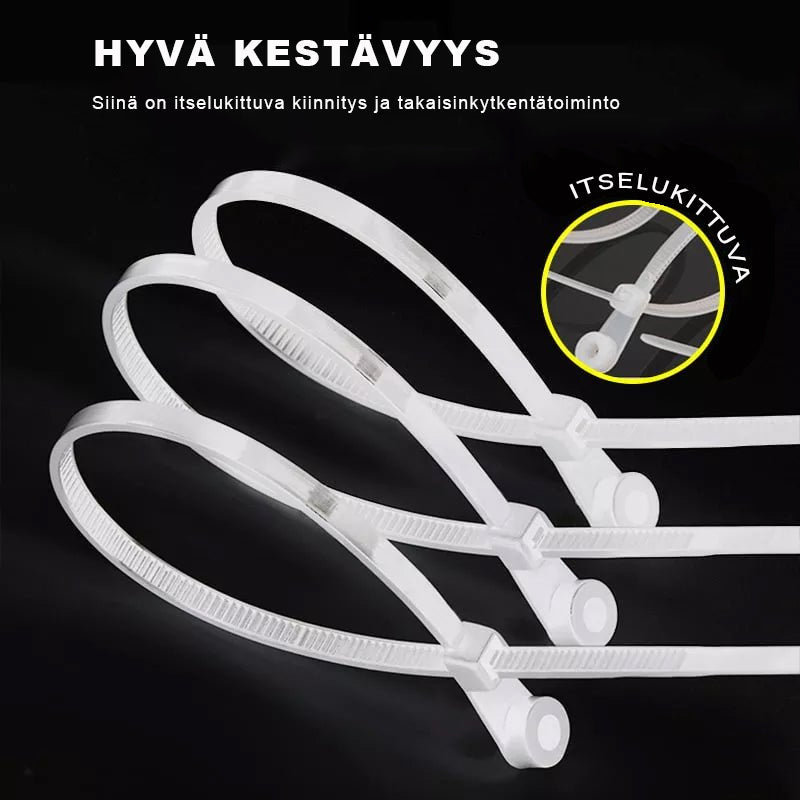 Holdbar selvlåsende nylon kabelbinder med skruehul, i sort, til at organisere kabler på en væg.