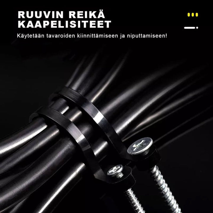 Holdbar selvlåsende nylon kabelbinder med skruehul, i sort, til at organisere kabler på en væg.