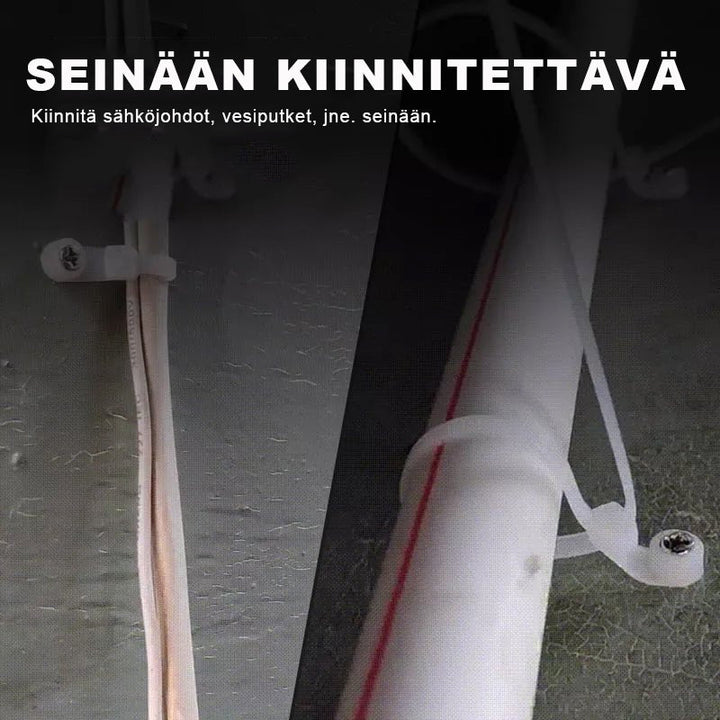 Holdbar selvlåsende nylon kabelbinder med skruehul, i sort, til at organisere kabler på en væg.