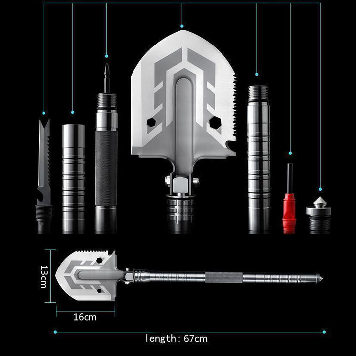 Holdbar og kompakt multifunktionsspade med aluminiumsskaft, integreret kniv, taktisk design, manganstål og aluminiumslegering.