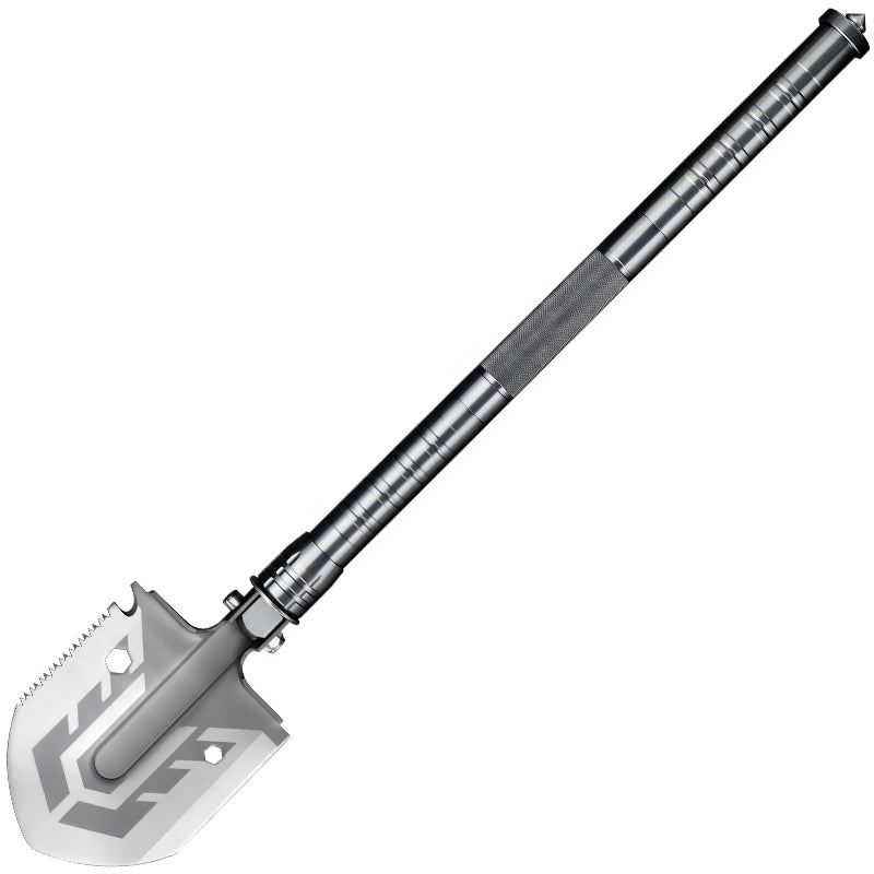 Holdbar og kompakt multifunktionsspade med aluminiumsskaft, integreret kniv, taktisk design, manganstål og aluminiumslegering.