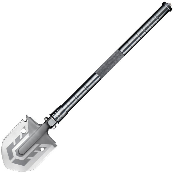 Holdbar og kompakt multifunktionsspade med aluminiumsskaft, integreret kniv, taktisk design, manganstål og aluminiumslegering.