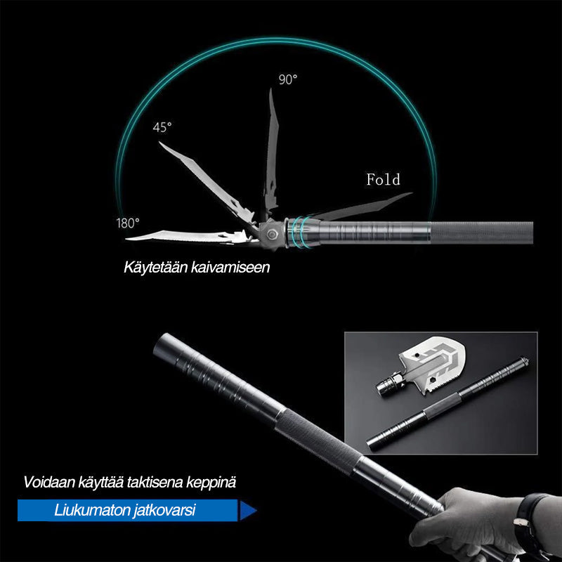 Holdbar og kompakt multifunktionsspade med aluminiumsskaft, integreret kniv, taktisk design, manganstål og aluminiumslegering.