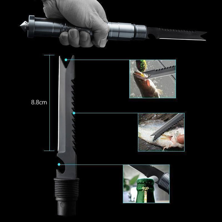 Holdbar og kompakt multifunktionsspade med aluminiumsskaft, integreret kniv, taktisk design, manganstål og aluminiumslegering.
