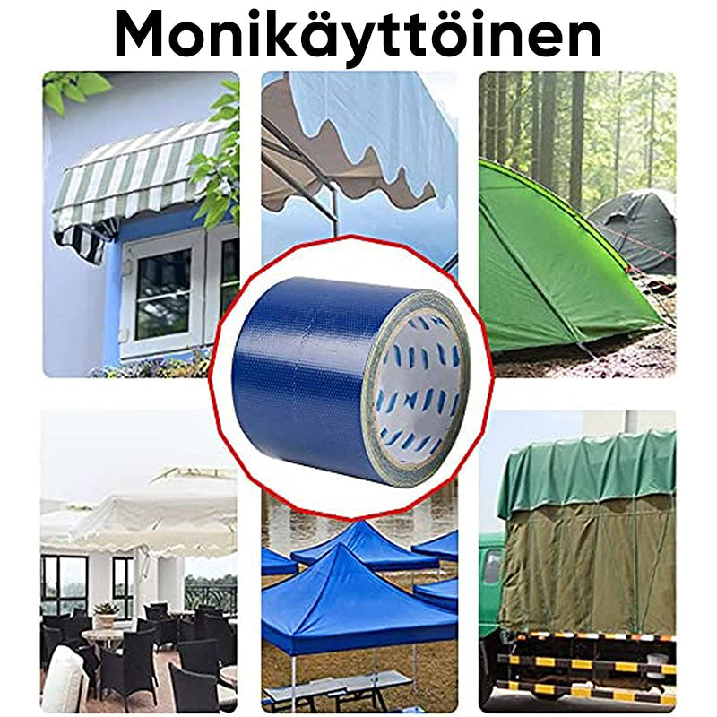 Holdbar og vandtæt blå presenningstape i brug, langvarig og lavet af fleksibelt stof.