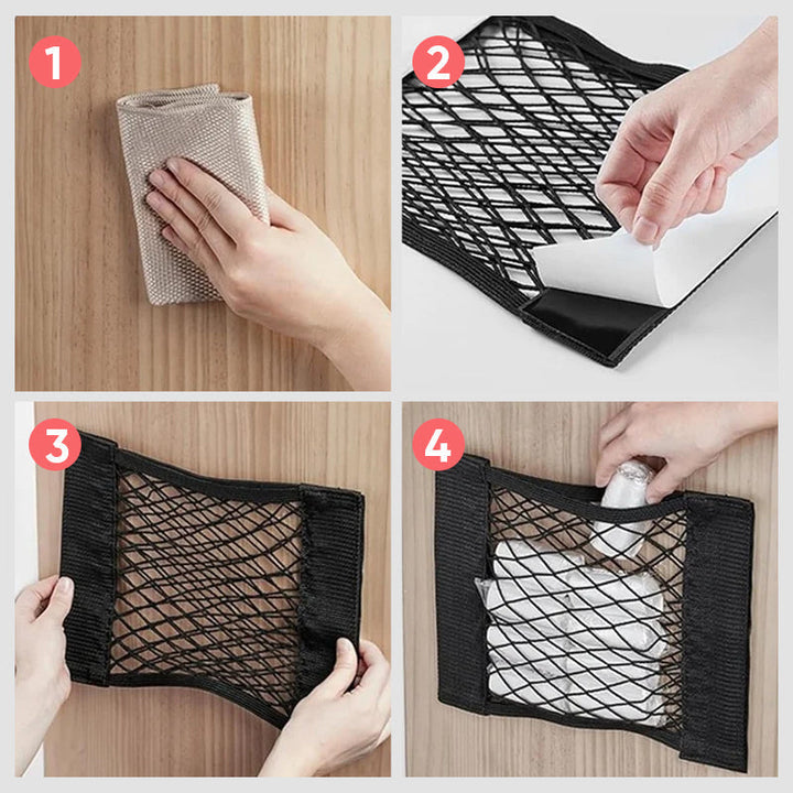 Holdbart opbevaringsnet til plastikposer i polyester, gråt, kompakt og alsidigt til hjemmet.