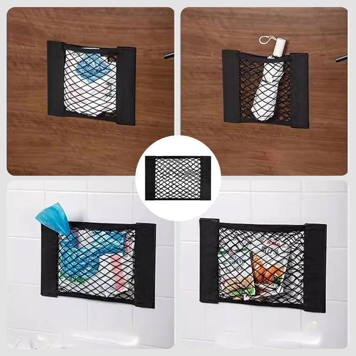 Holdbart opbevaringsnet til plastikposer i polyester, gråt, kompakt og alsidigt til hjemmet.