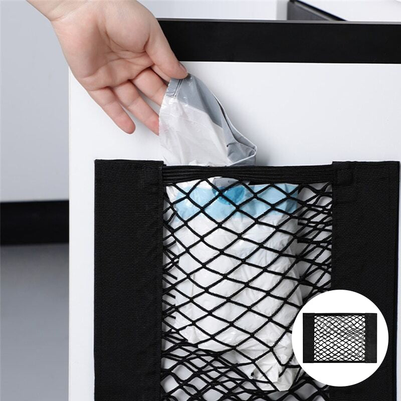 Holdbart opbevaringsnet til plastikposer i polyester, gråt, kompakt og alsidigt til hjemmet.