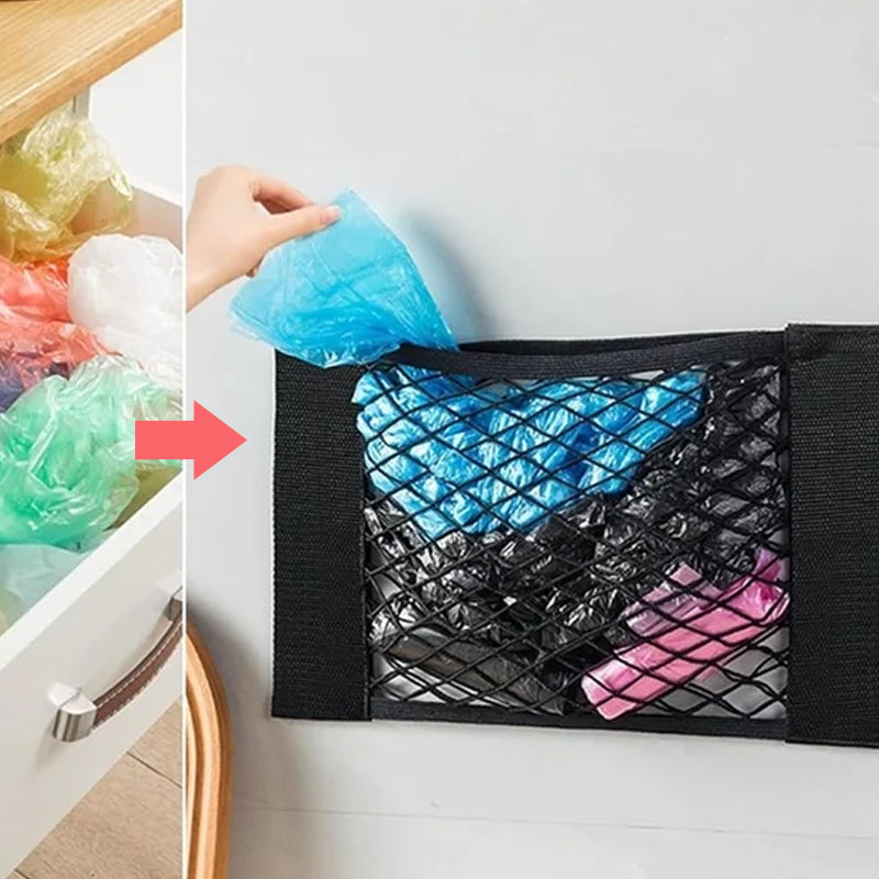 Holdbart opbevaringsnet til plastikposer i polyester, gråt, kompakt og alsidigt til hjemmet.
