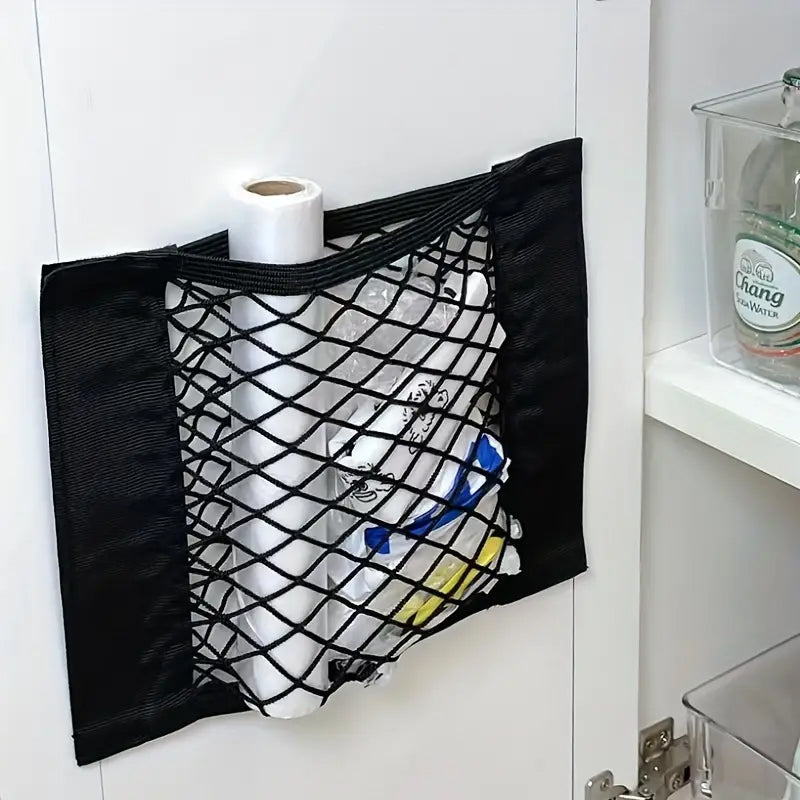 Holdbart opbevaringsnet til plastikposer i polyester, gråt, kompakt og alsidigt til hjemmet.