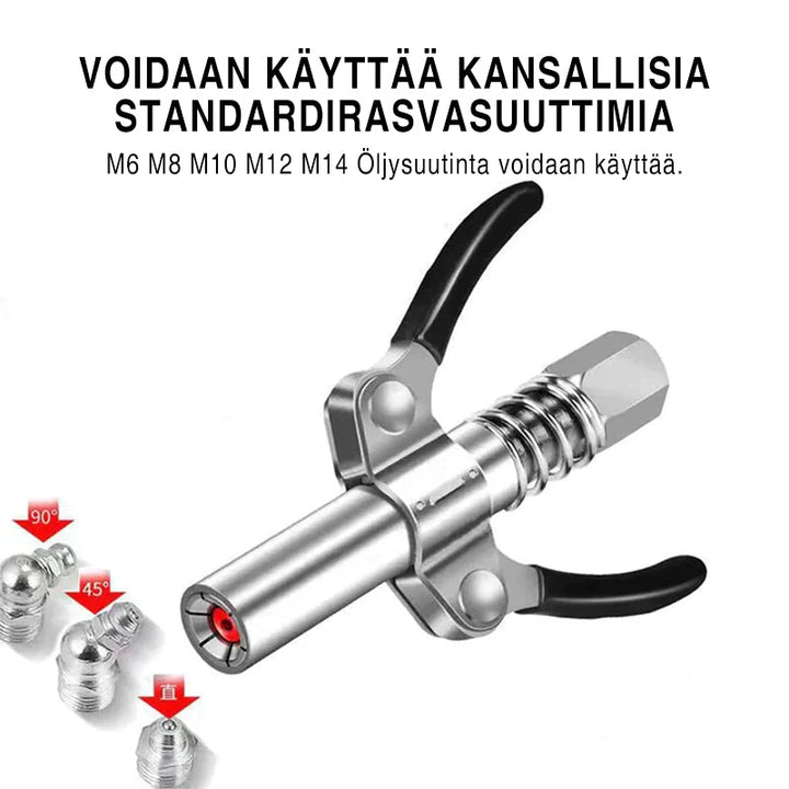 Holdbar smørepistol kobling i rustfrit stål, lækagesikker og nem hurtigforbindelse til industriel brug.